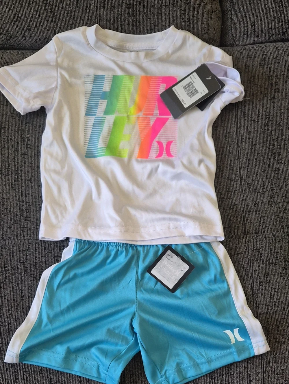 Hurley White Tee with Neon Graphic & Light Blue Shorts